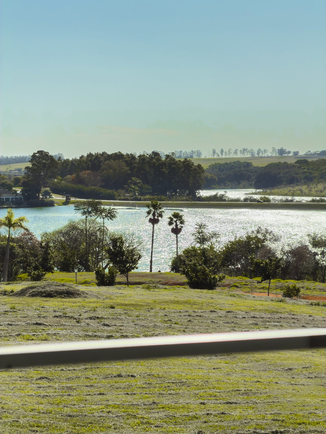 Lago cercado de árvores e palmeiras, visto a partir do gramado da casa