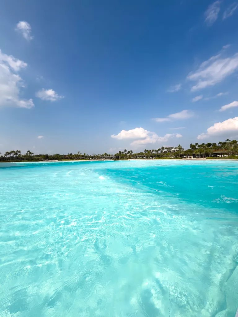 Água azul-turquesa da Praia da Grama, com palmeiras na margem