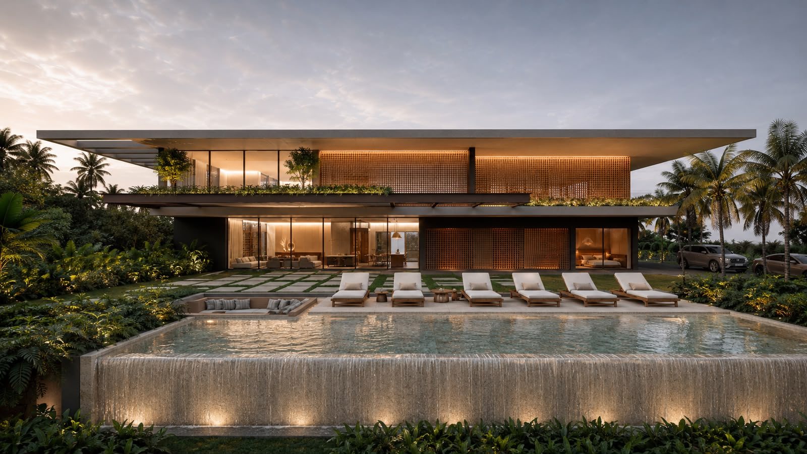 Ilustração de uma casa contemporânea com piscina de borda iluminada ao entardecer